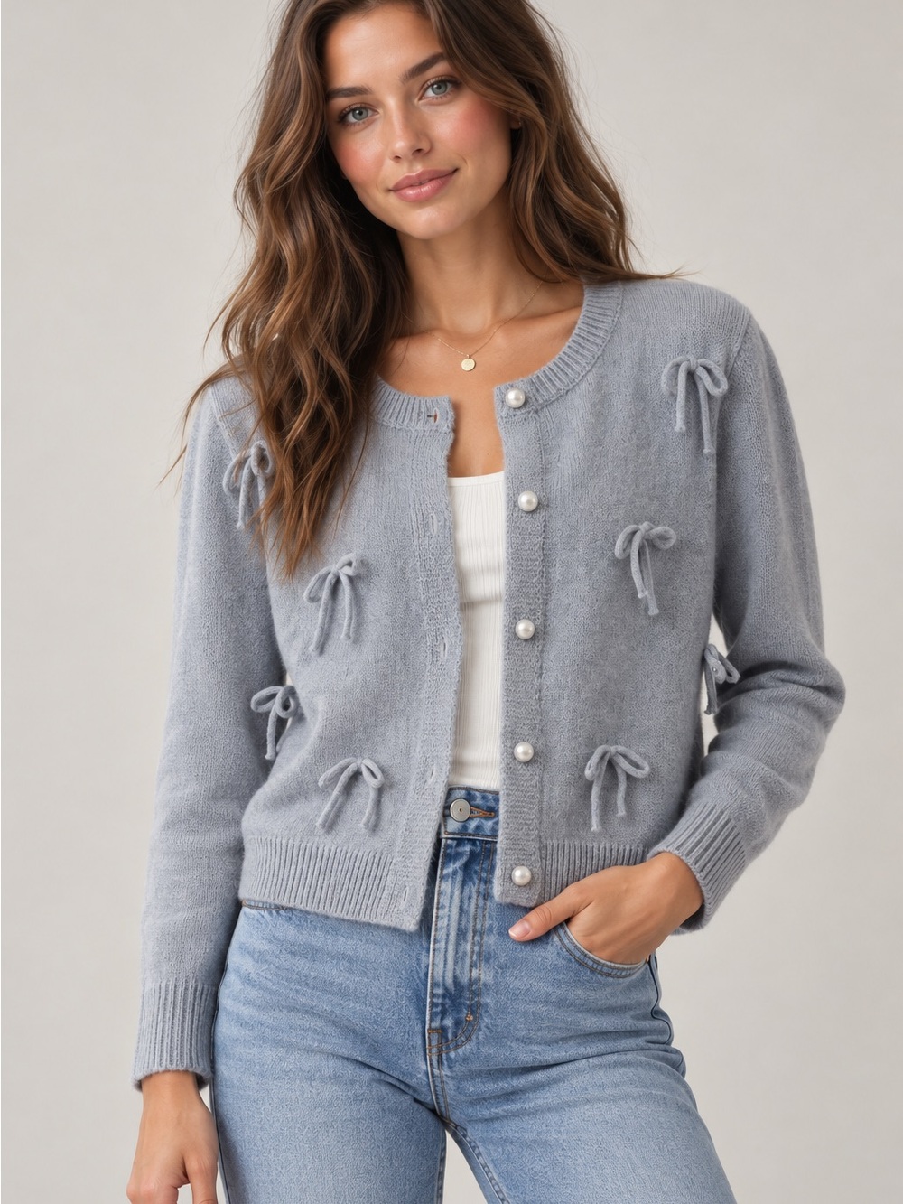 Luna Ivy Pearl-Button Bow Cardigan